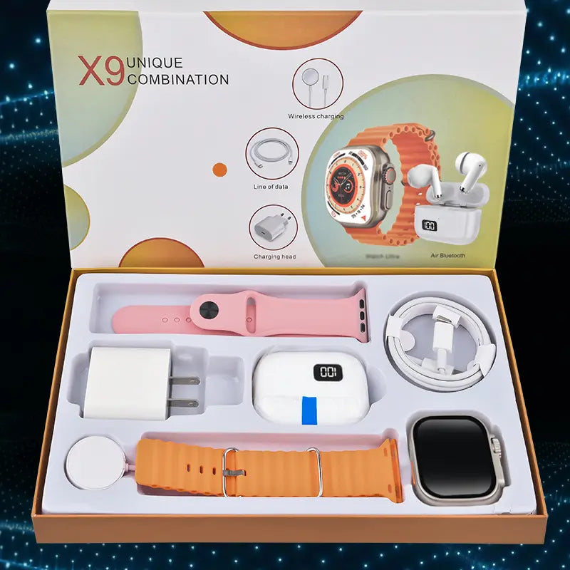 Smartwatch Set: All-In-One Smart Wearable Combo Set: Smartwatch, Bluetooth Earphones, and 20W Fast Charging Accessories Bundle