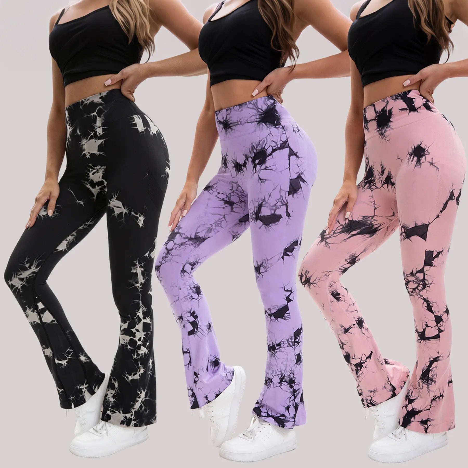3 Pack Tie Dye Seamless Flare Yoga Pants - High Waisted Butt Lifting Bootcut Leggings, Stretch Non See through Workout Pants for Women, Casual & Gym Wear