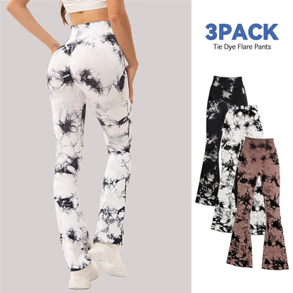 3 Pack Tie Dye Seamless Flare Yoga Pants - High Waisted Butt Lifting Bootcut Leggings, Stretch Non See through Workout Pants for Women, Casual & Gym Wear