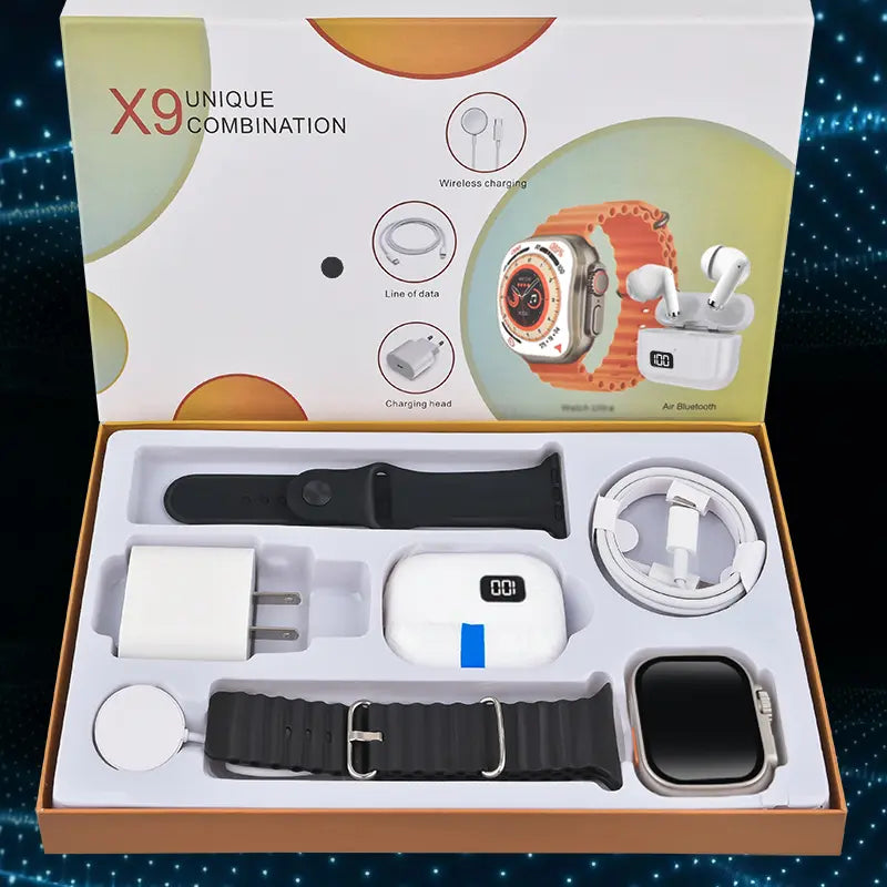 Smartwatch Set: All-In-One Smart Wearable Combo Set: Smartwatch, Bluetooth Earphones, and 20W Fast Charging Accessories Bundle