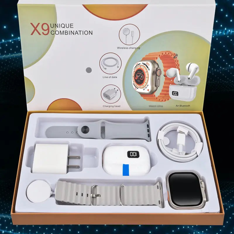 Smartwatch Set: All-In-One Smart Wearable Combo Set: Smartwatch, Bluetooth Earphones, and 20W Fast Charging Accessories Bundle