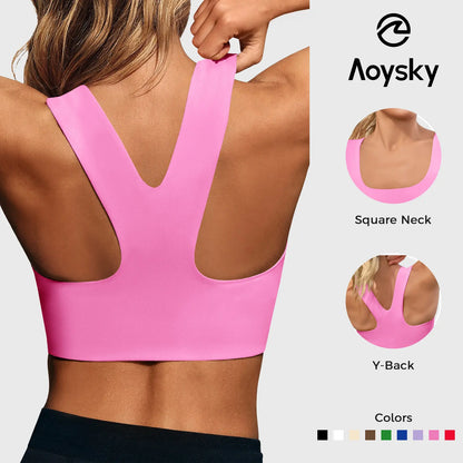 Aoysky Women'S Buttery Soft Square Neck Padded Supportive Seamless Longline Compression Sports Bra, Gym Yoga Activewear Crop Top for Yoga, Running Workouts